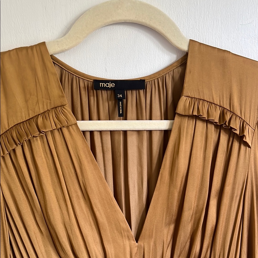 Maje Satin Ruched Rianne Gold Mini Dress - Picture 5 of 11